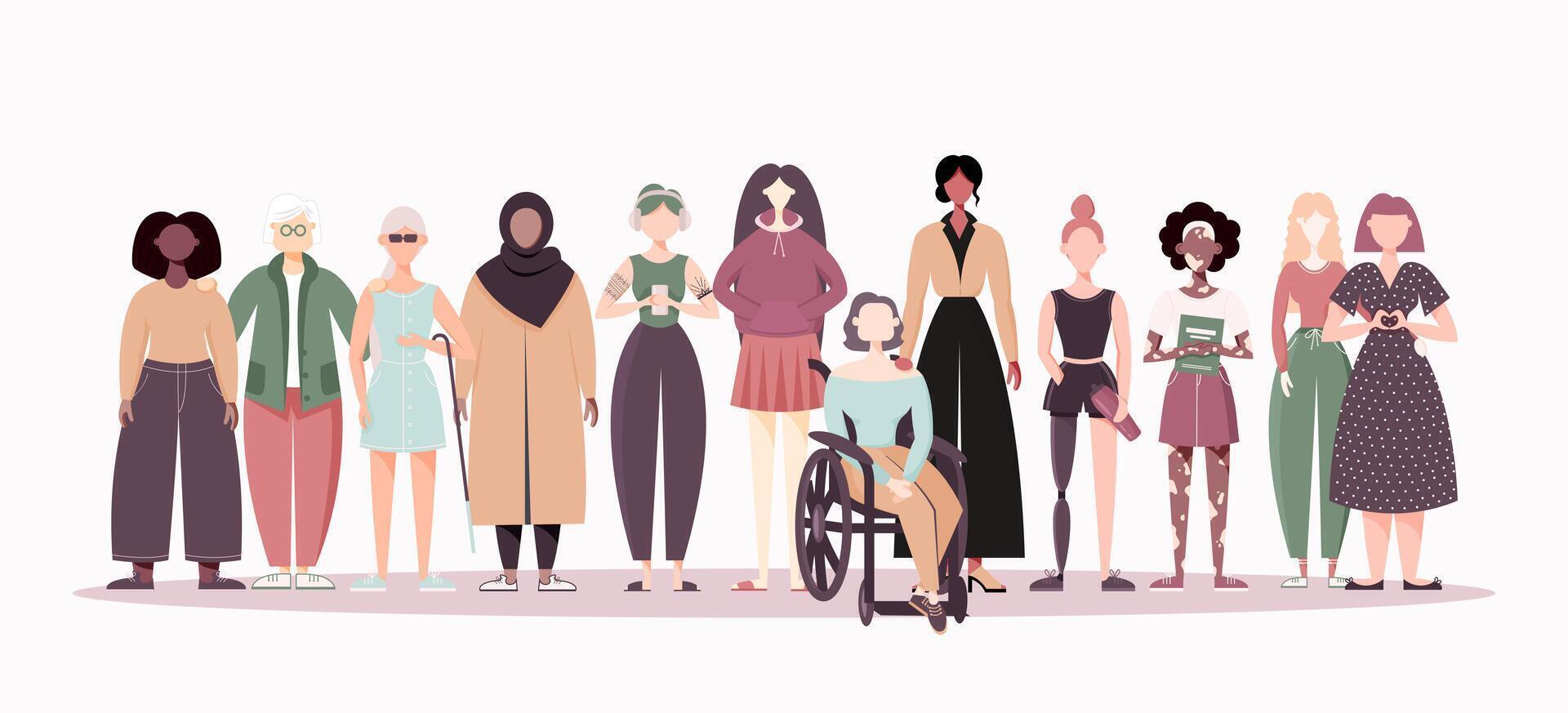 Group of women in different ethnicity, orientation, abilities, age, body type, hair color. Vector illustration of diverse women in casual pastel color clothing. Hand drawn characters in flat style.
