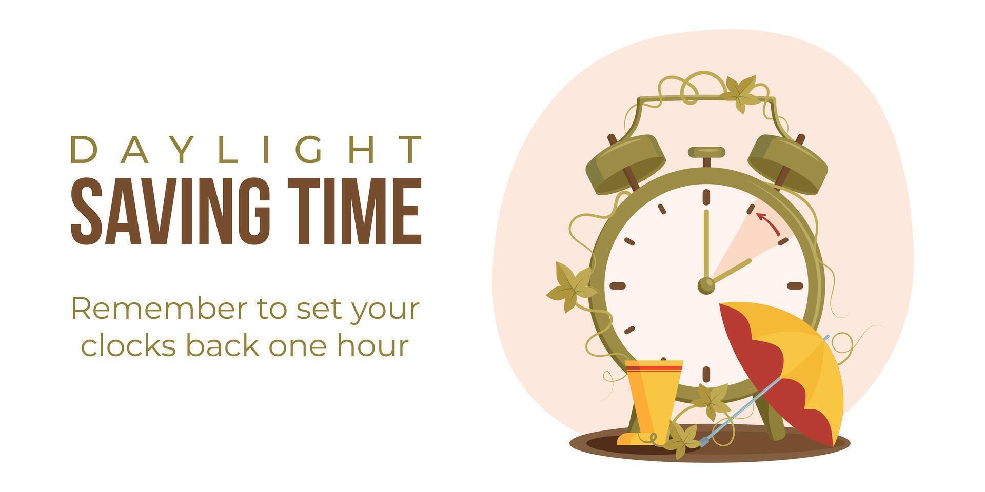 Daylight saving time end web banner, poster. Minimalist alarm clock with umbrella and rubber rain boots, clock hand turning back to winter time. Fall back concept vector illustration.
