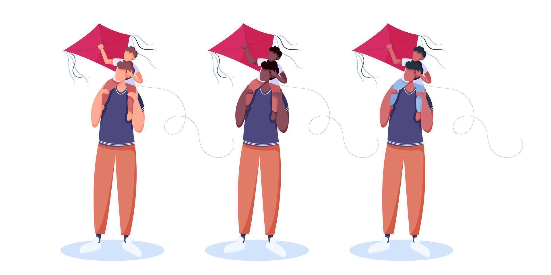 Set of father and son in different ethnicities flying the kite. Family outdoor activity. Playing with wind toy. Flat style vector illustration.