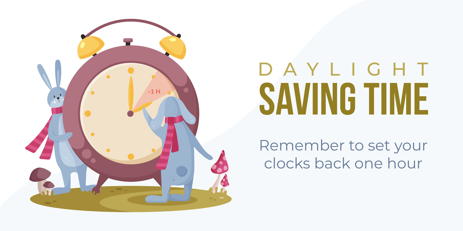 Daylight saving time end concept web banner, poster with two hares