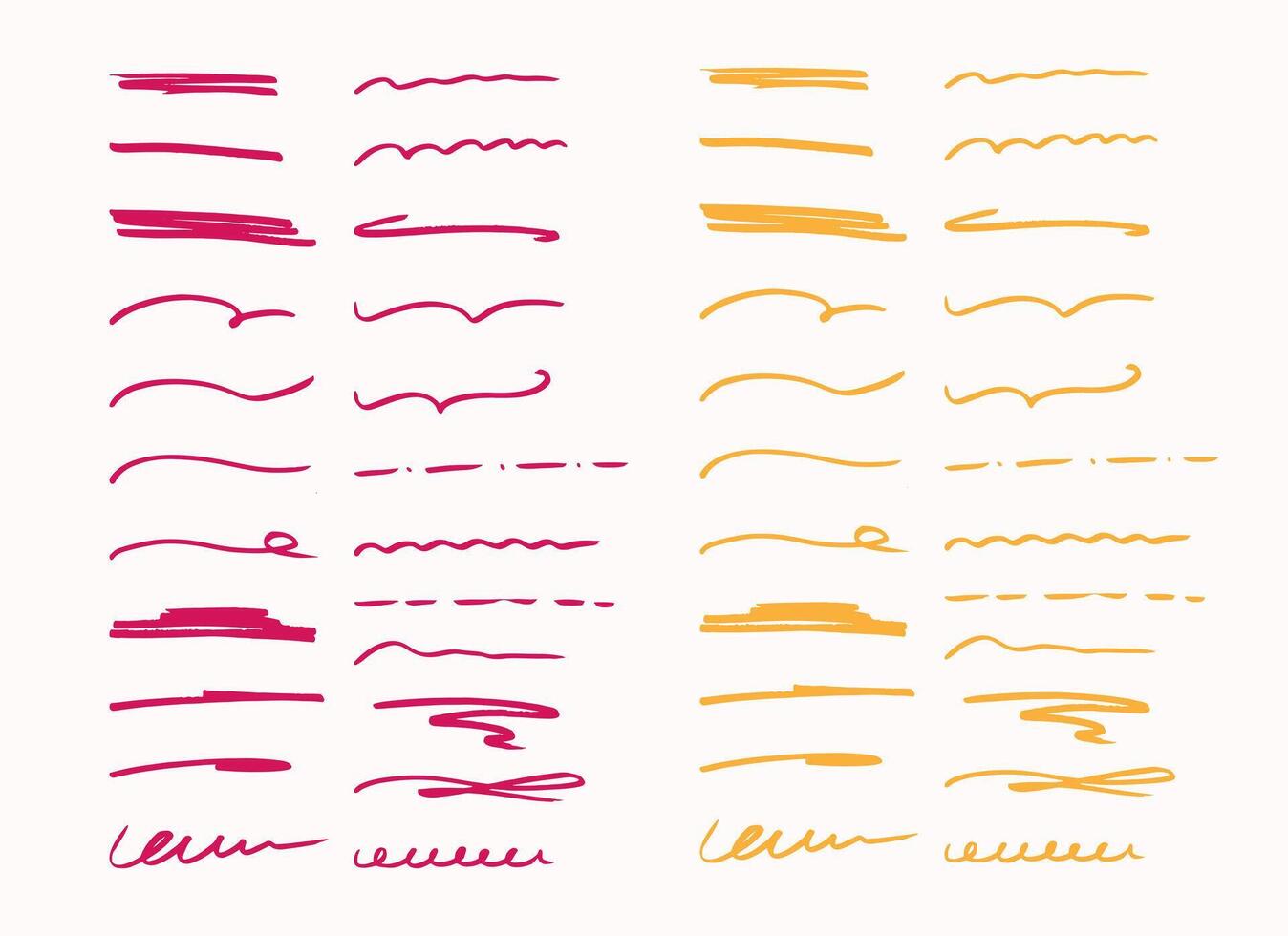 Hand drawn set of underline note elements in doodle style. Marker brush highlight collection in red and yellow. Vector illustration in grunge style.