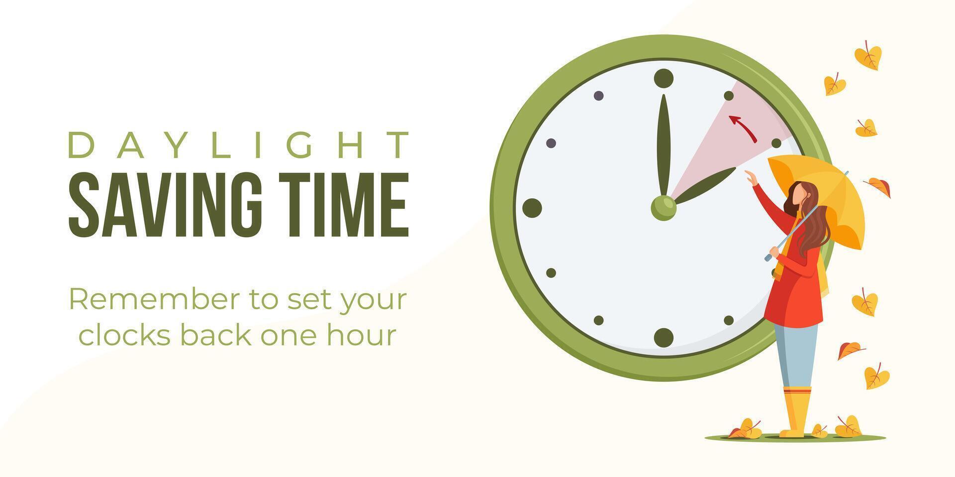Daylight saving time ends web banner, turning clock back one hour reminder. Fall back to wintertime. Vector illustration of woman turning clock hand back an hour.