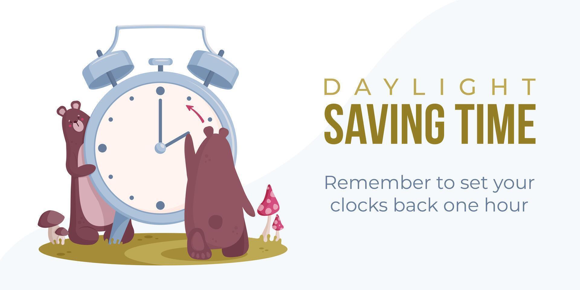 Daylight saving time end concept. Fall back banner, poster. Vector illustration with bears turning alarm clock hand an hour backward.