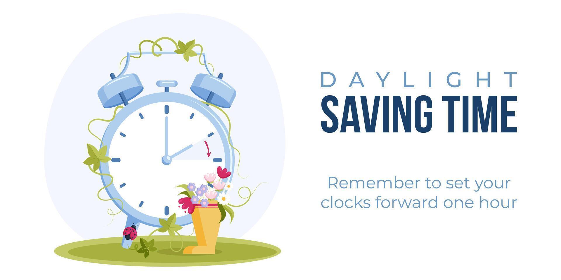 Daylight saving time begins concept. Spring forward web banner. Vector illustration of clock with rubber boots and spring flowers decoration.