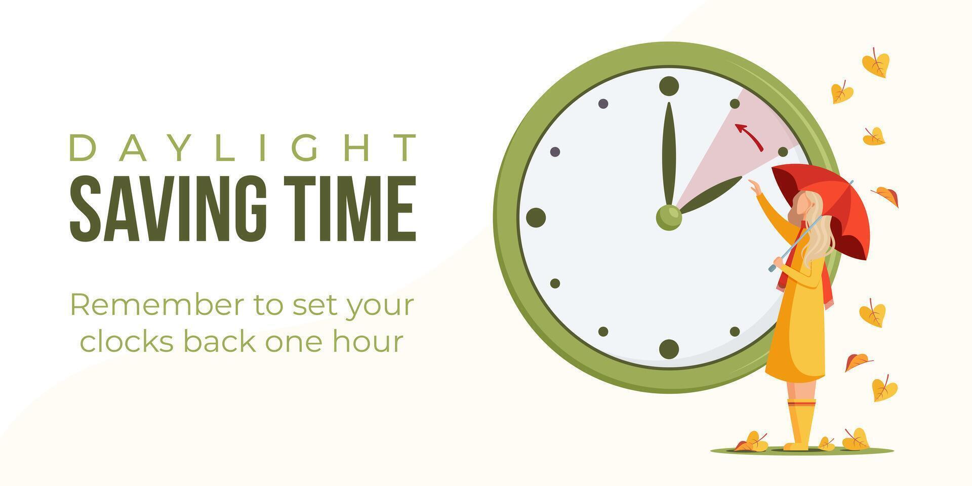 Daylight saving time end concept banner, poster. Fall back time. Clock with autumn leaves, woman with umbrella changing time to wintertime vector illustration.