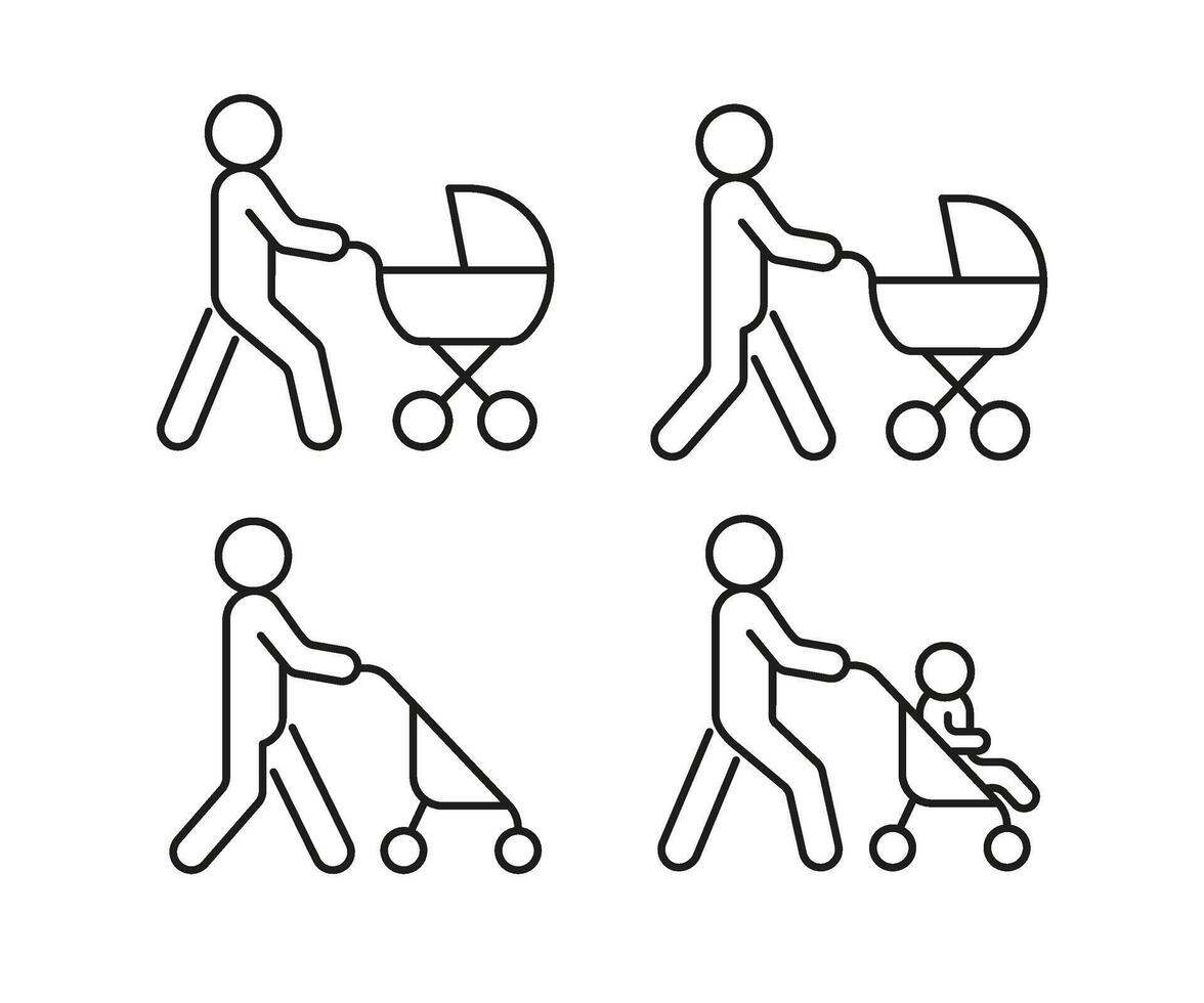 persona caminar con bebé paseante, línea icono colocar. recién nacido en carro. maternidad. vector ilustración