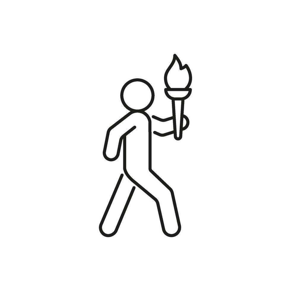 Olympic torch with fire in hands of person, line icon. Burning torch symbol of Olympic games. Competition of athletes in sport for winning champion. Flame of victory. Vector outline illustration