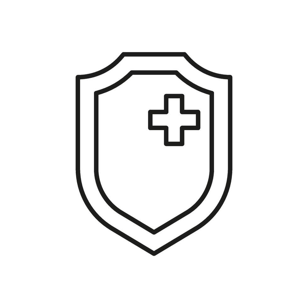 Shield with medical cross for protect health from virus and bacteria, line icon. Immune safe. Vector sign illustration