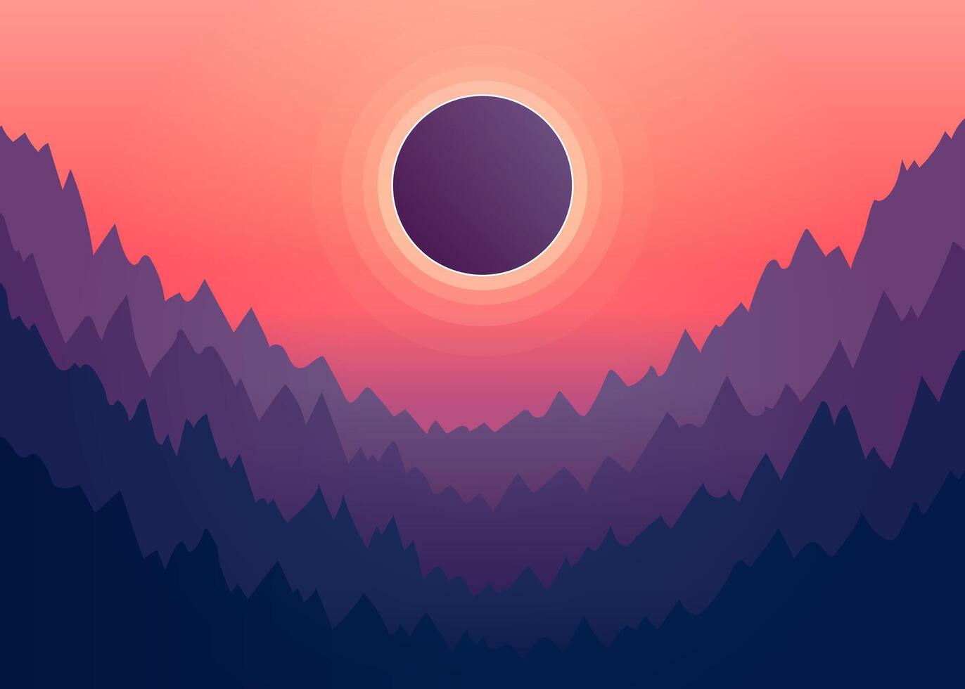 Solar eclipse in nature with mountain. Moon shading sun. Eclipse phase with formation total umbra. Vector illustration