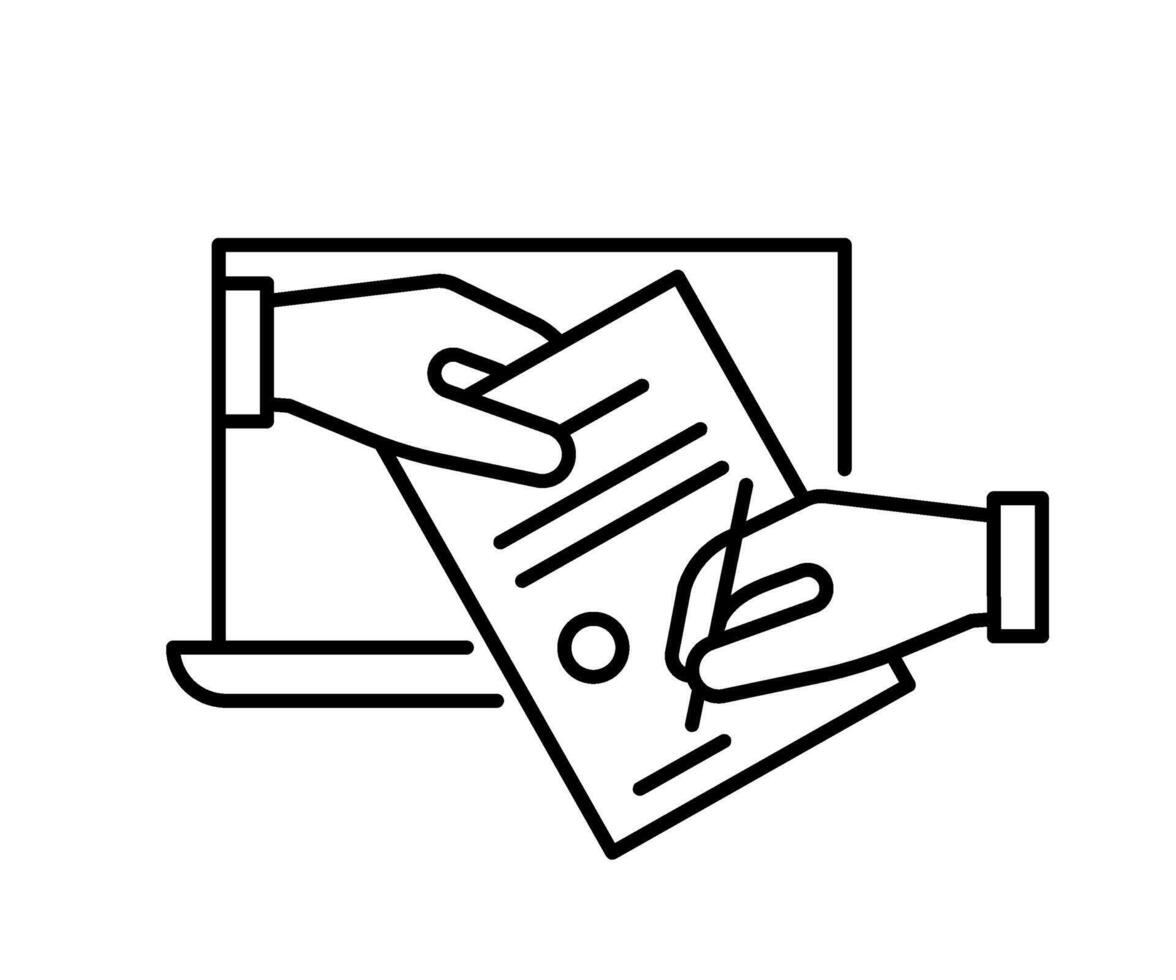 Digital signature on electronic document, line icon. Online agreement signing, distance contract on notebook. Vector illustration