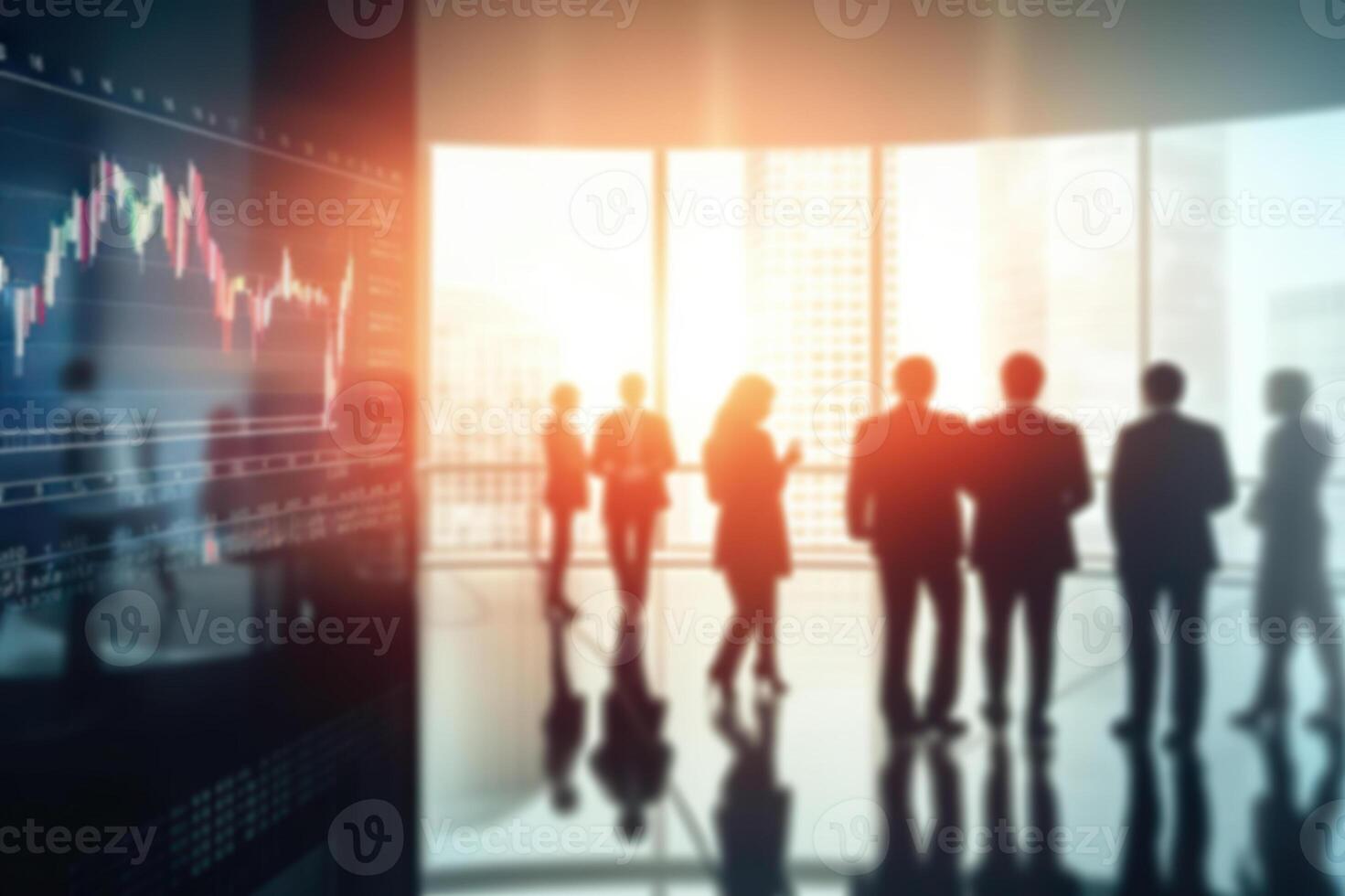 AI generated Blurred Business People in a Modern Office with Real-Time Stock Market Data.created with Generative AI photo