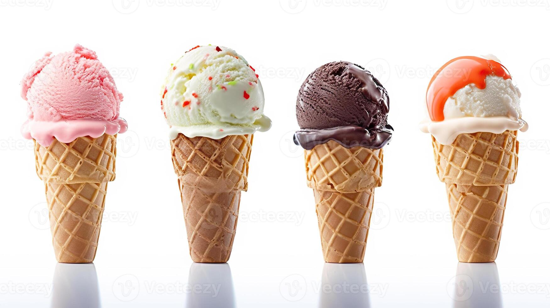 AI generated Assorted ice cream scoops in waffle cones, isolated on white background. created with Generative AI photo