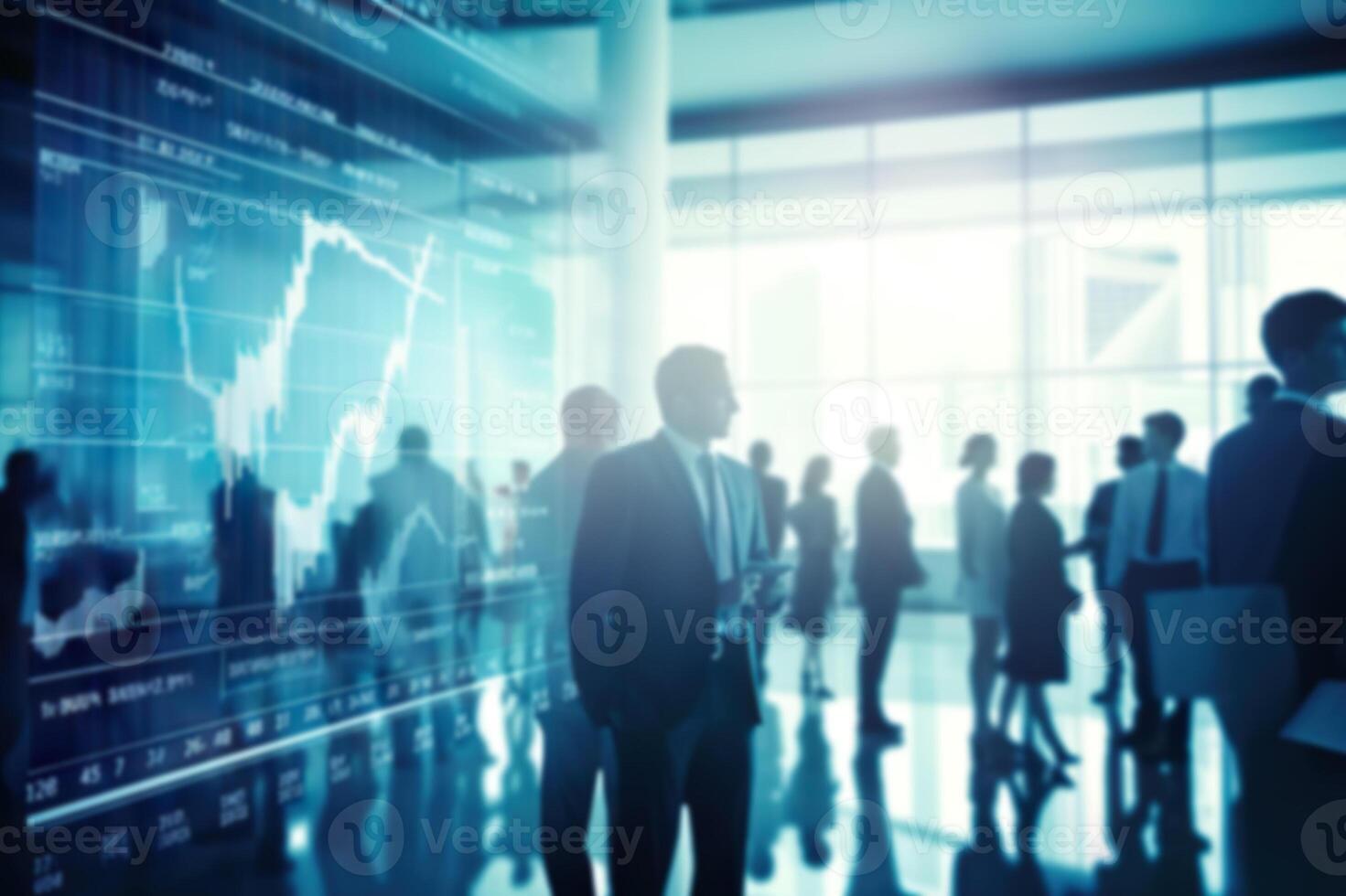 AI generated Blurred Business People in a Modern Office with Real-Time Stock Market Data.created with Generative AI photo