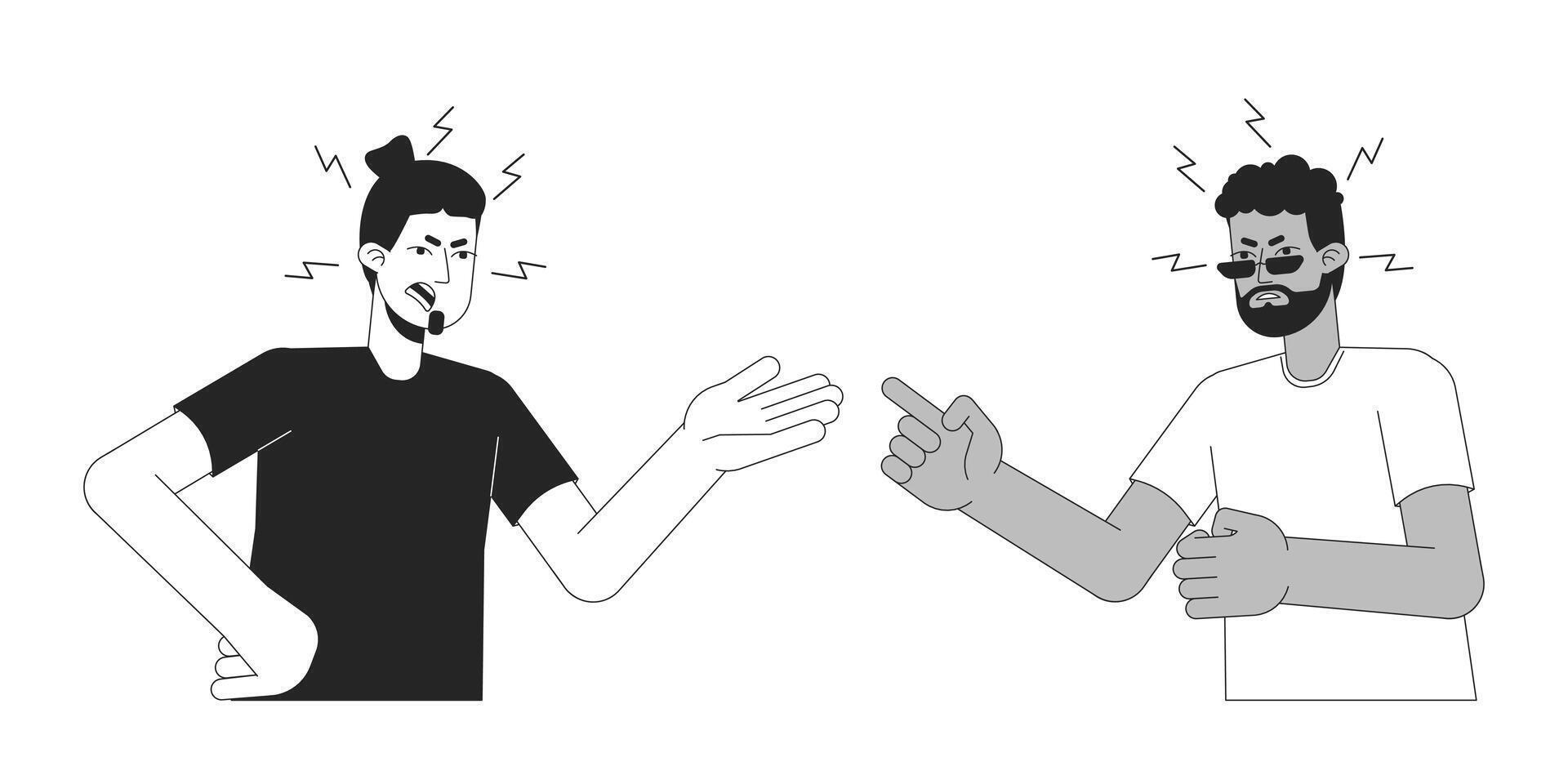 Adult men arguing scandal black and white 2D line cartoon characters. Conflict friends isolated vector outline people. Gesture body language, emotion expression monochromatic flat spot illustration