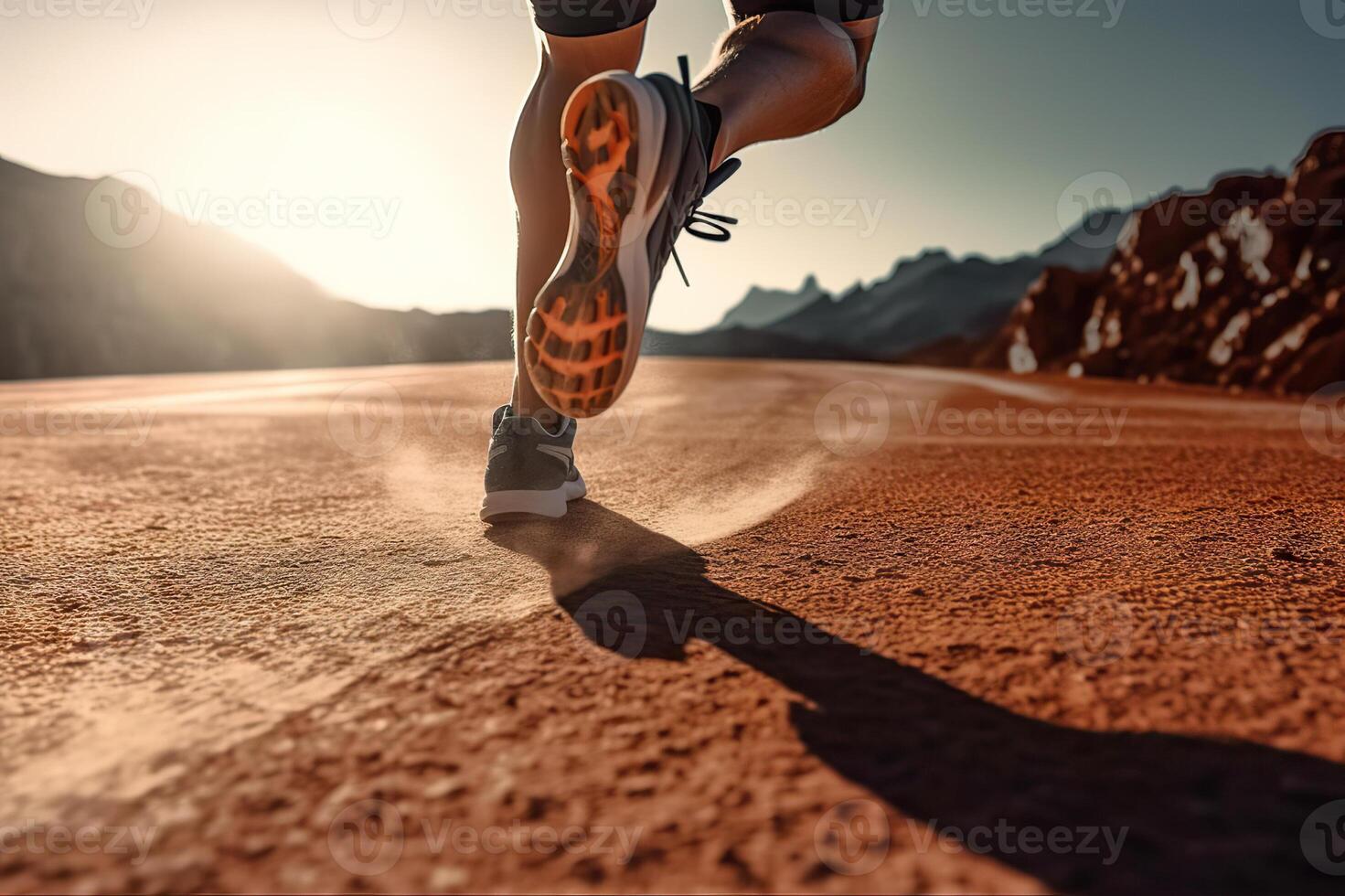 ai generado paso de campeones corredor Atletas pies abrazando luz de sol, formación para victoria con un autodesafío tema. creado con generativo ai foto