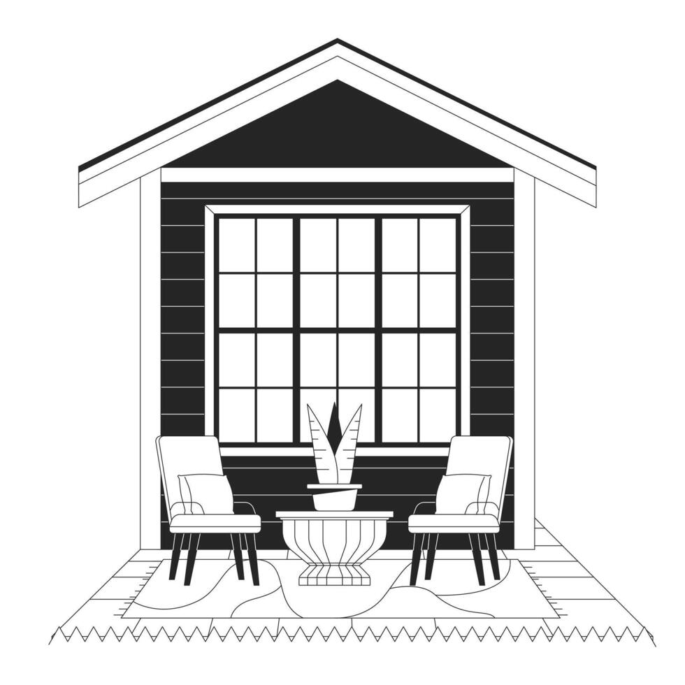 patio interior patio mueble negro y blanco 2d línea dibujos animados objeto. al aire libre asientos terraza sillas maceta. edificio aislado vector contorno artículo. propiedad exterior monocromo plano Mancha ilustración
