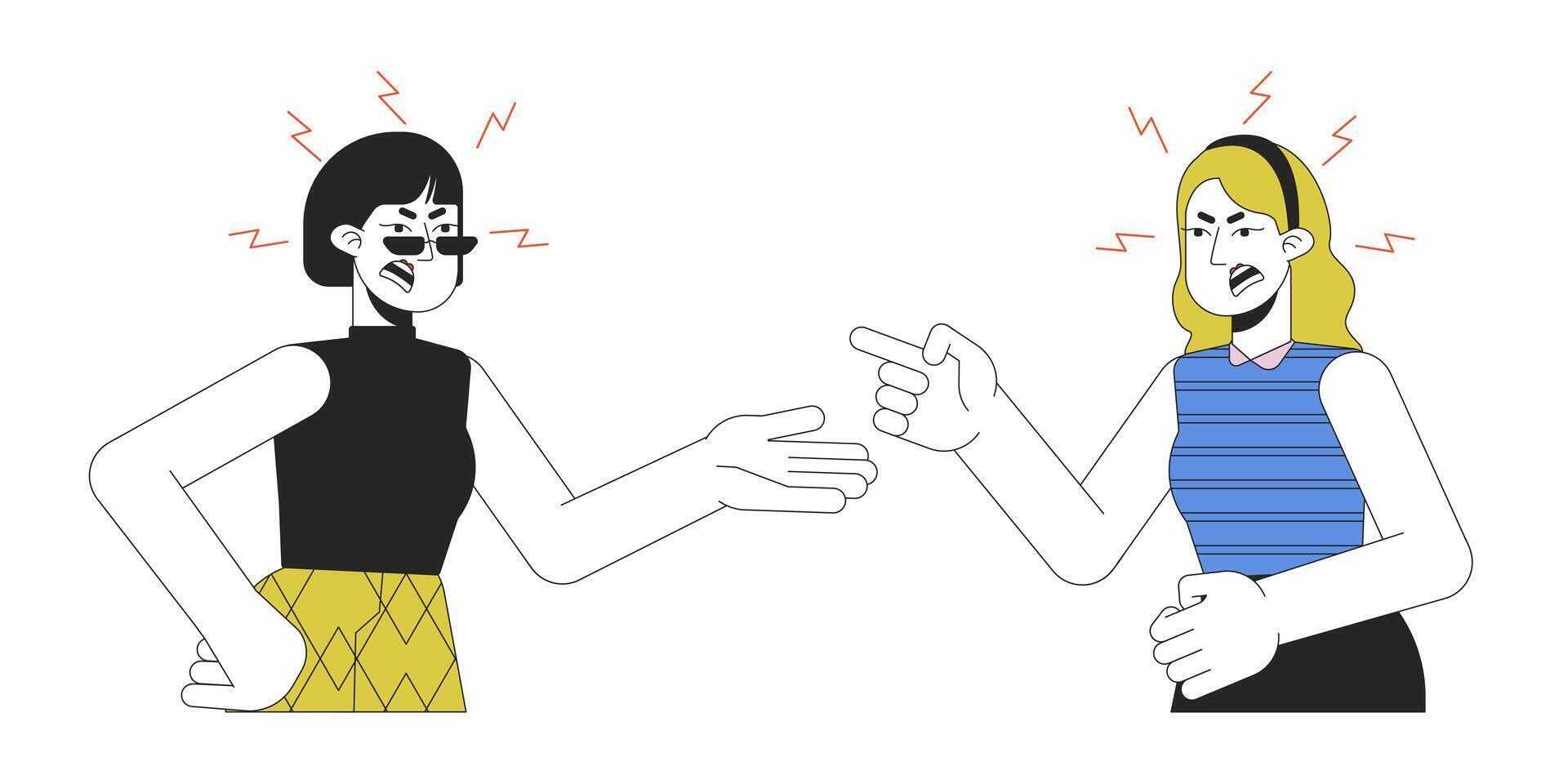 Women toxic relationship 2D linear cartoon characters. Fingers pointing yelling adults isolated line vector people white background. Gesture body language, emotional color flat spot illustration