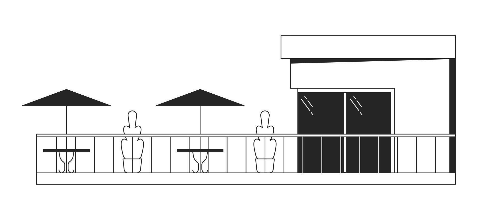 moderno café balcón negro y blanco 2d línea dibujos animados objeto. contemporáneo restaurante patio aislado vector contorno artículo. vaso edificio terraza mesas paraguas monocromo plano Mancha ilustración
