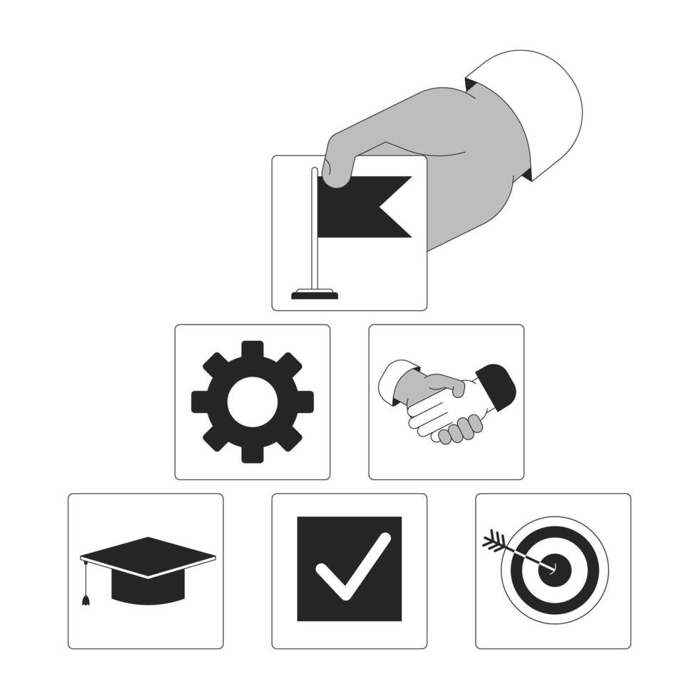 carrera ruta planificación negro y blanco 2d ilustración concepto. aspiraciones corporativo dibujos animados contorno mano aislado en blanco. ajuste profesional objetivos. ambicioso estrategia metáfora monocromo vector