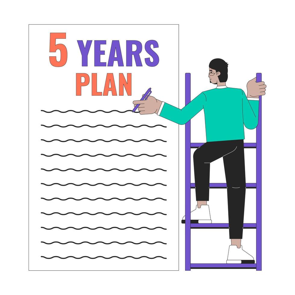 Writing 5 year plan goals 2D linear illustration concept. Professional development cartoon character isolated on white. Arab adult man career growth checklist metaphor abstract flat vector outline