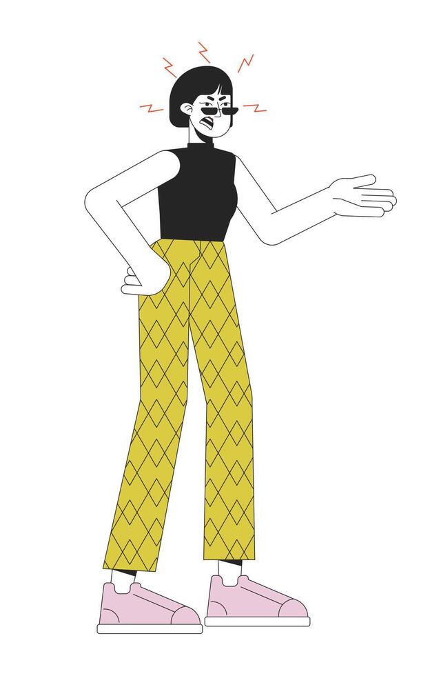 Asian woman complaining 2D linear cartoon character. Bad mood adult korean isolated line vector person white background. Gesture body language, emotional expression color flat spot illustration