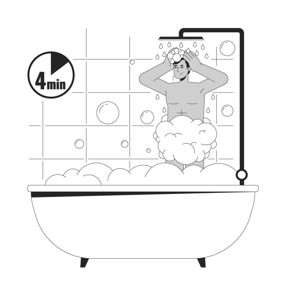 4 minute shower black and white cartoon flat illustration. Indian man showering bathtub 2D lineart character isolated. Reduce electricity usage. Water saving at home monochrome vector outline image