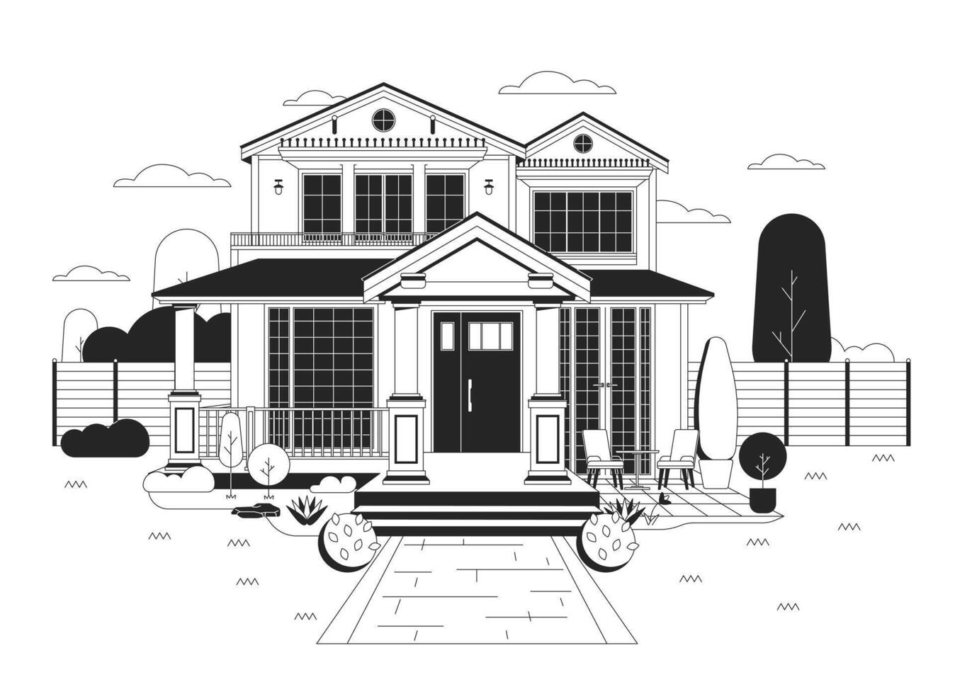 Suburban home front yard black and white cartoon flat illustration. Craftsman home. Front view two story house 2D lineart object isolated. Real estate housing monochrome scene vector outline image