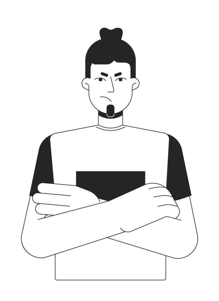 Frowning caucasian man crossed hands black and white 2D line cartoon character. Disapproving male isolated vector outline person. Gesture body language monochromatic flat spot illustration