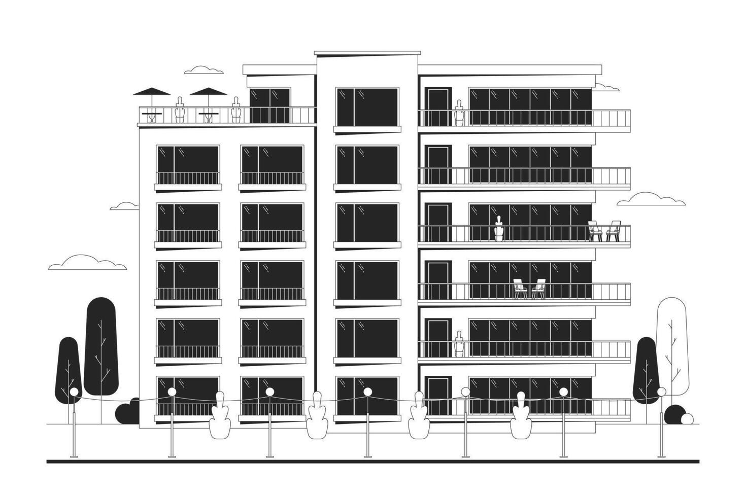 pisos condominio con balcones negro y blanco dibujos animados plano ilustración. frente ver edificio condominio exterior 2d arte lineal objeto aislado. real inmuebles alojamiento monocromo escena vector contorno imagen