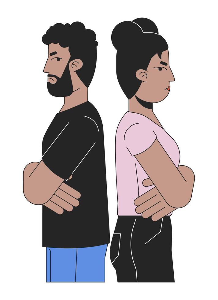 africano americano heterosexual Pareja discrepar 2d lineal dibujos animados caracteres. conflicto adultos aislado línea vector personas blanco antecedentes. gesto cuerpo idioma color plano Mancha ilustración