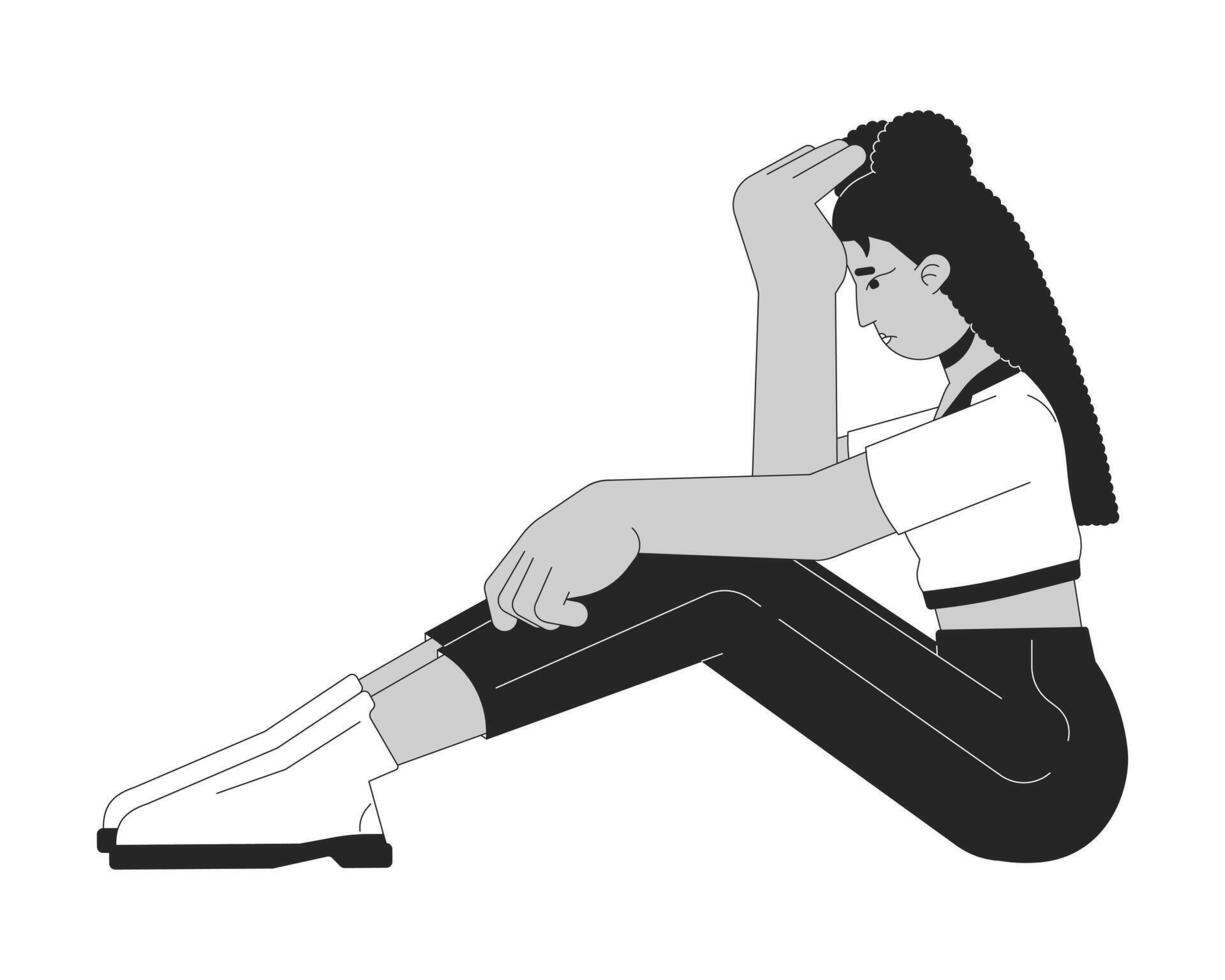 Depressed woman sitting black and white cartoon flat illustration. Hispanic female dejected 2D lineart character isolated. Emotional expressing, body language monochrome scene vector outline image