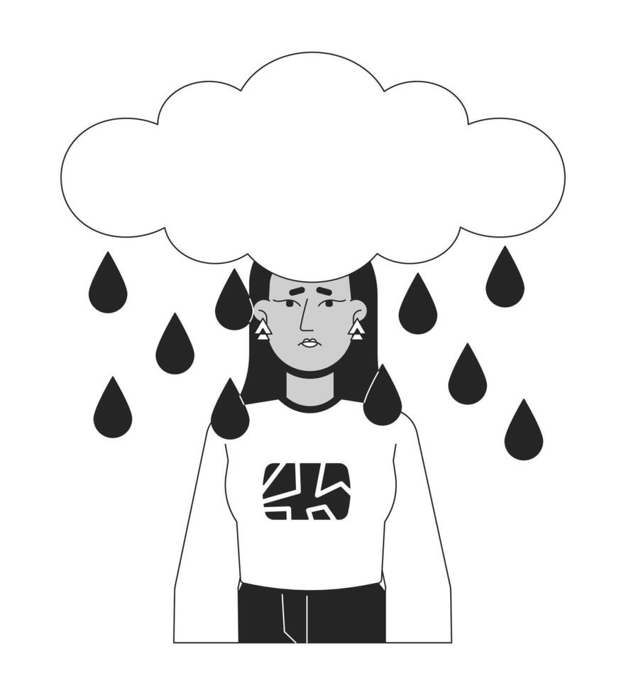 lluvia nube encima medio oriental mujer cabeza negro y blanco 2d línea dibujos animados personaje. triste joven hembra aislado vector contorno persona. emocional expresión monocromo plano Mancha ilustración