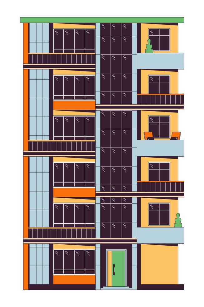 Condominium multi-storey 2D linear cartoon object. Dormitory housing estate. Living building multistory isolated line vector element white background. Property exterior color flat spot illustration