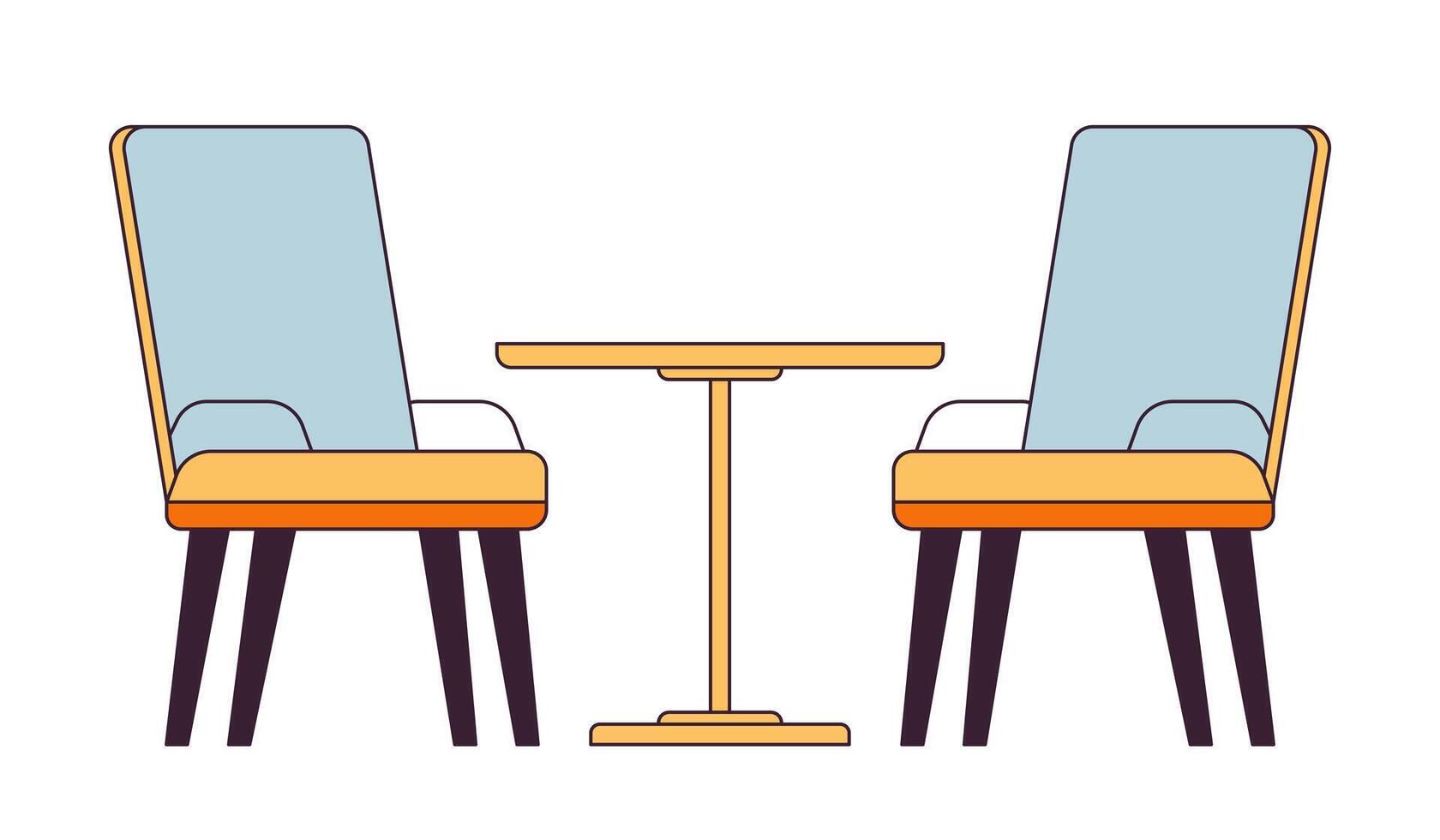 dos sillas alrededor mesa 2d lineal dibujos animados objeto. cafetería sillones aislado línea vector elemento blanco antecedentes. patio café interior mueble salón sentado color plano Mancha ilustración