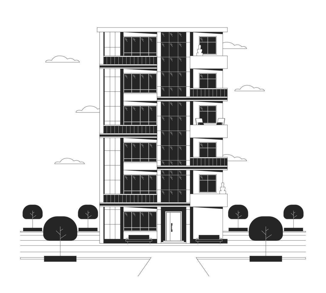 pisos Departamento de varios pisos negro y blanco dibujos animados plano ilustración. condominio de muchos pisos edificio 2d arte lineal objeto aislado. inmuebles complejo propiedad monocromo escena vector contorno imagen