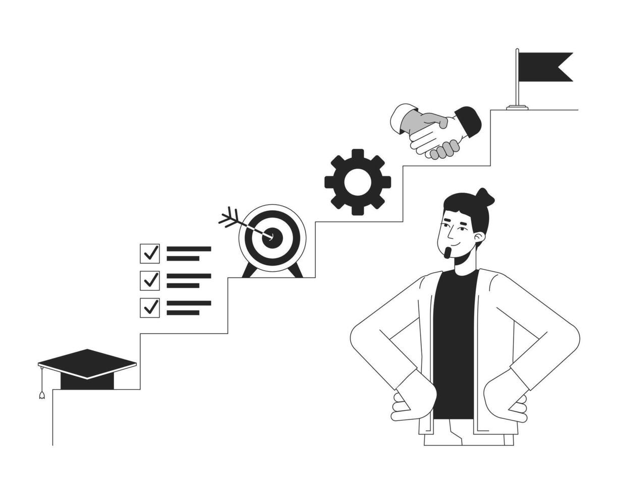 Planning career path black and white 2D illustration concept. Lead the way. Man making professional plan cartoon outline character isolated on white. Future ambitions metaphor monochrome vector