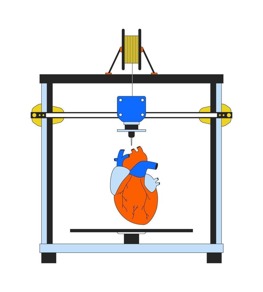 Artificial heart on 3d printer 2D linear cartoon object. Additive manufacturing device isolated line vector element white background. Technology three-dimensional printing color flat spot illustration