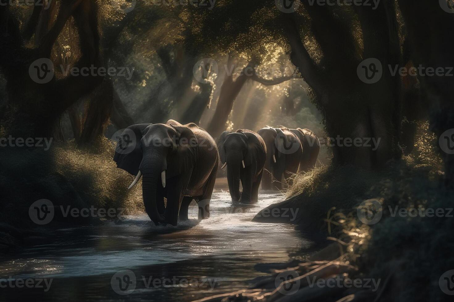 ai generado elefantes en sereno bosque corriente en su natural hábitat. creado con generativo ai foto