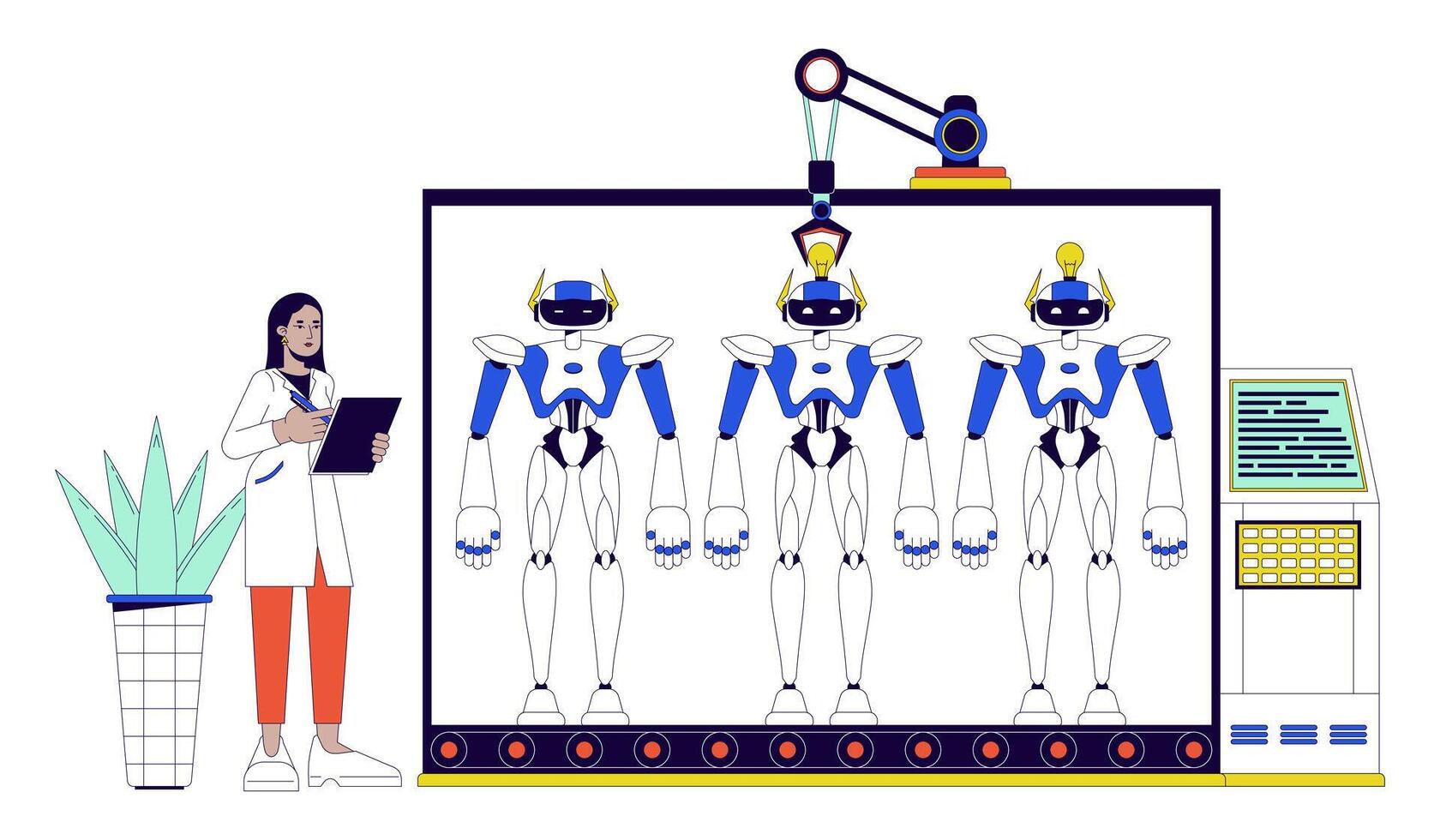 robótica edificio 2d lineal ilustración concepto. ingeniero controlador máquinas en transportador dibujos animados caracteres aislado en blanco. software desarrollo metáfora resumen plano vector contorno gráfico
