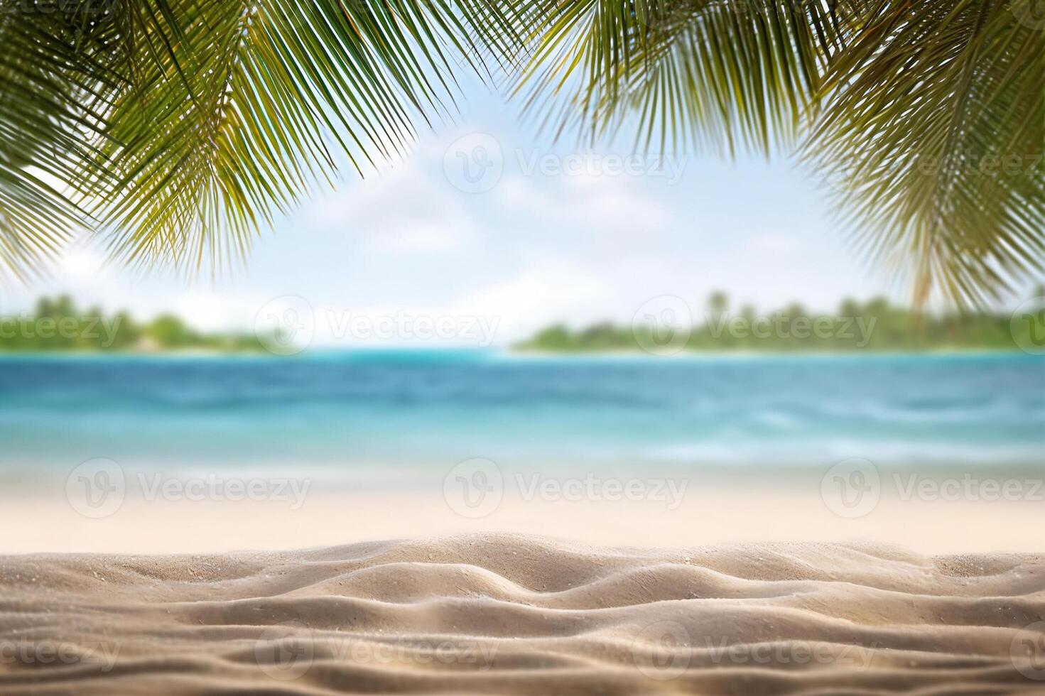 AI generated Sandy Beach with Island in the Background. created with Generative AI photo