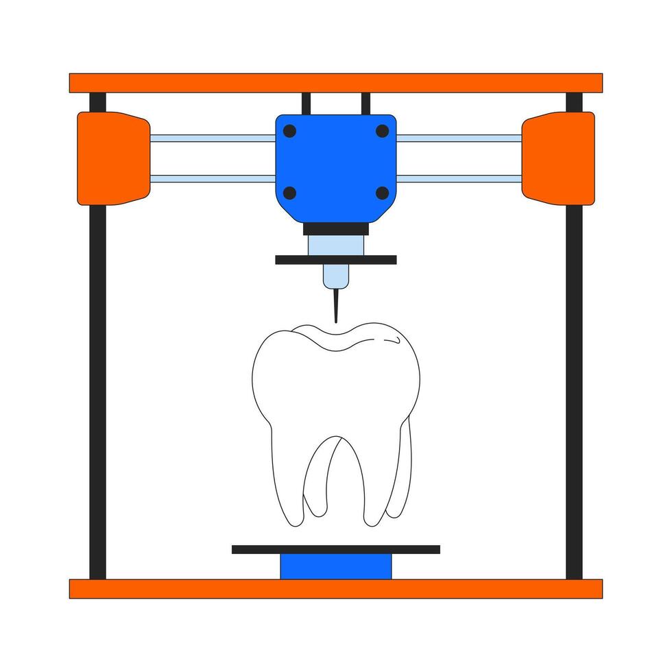 Dental implant denture on 3d printer 2D linear cartoon object. Additive manufacturing device isolated line vector element white background. Technology three-dimensional color flat spot illustration