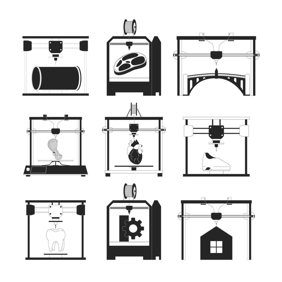 3D printed products and parts black and white 2D line cartoon objects set. Additive manufacturing machines isolated vector outline items collection. 3D printers monochromatic flat spot illustrations