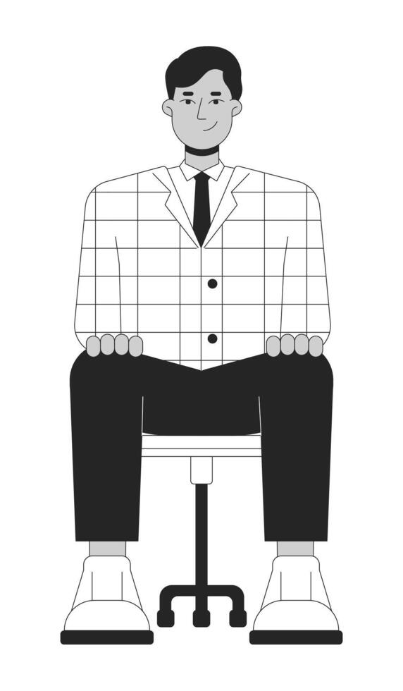 joven adulto hombre trabajo entrevistado negro y blanco 2d línea dibujos animados personaje. negocio formal indio masculino aislado vector contorno persona. carrera sur asiático chico monocromo plano Mancha ilustración