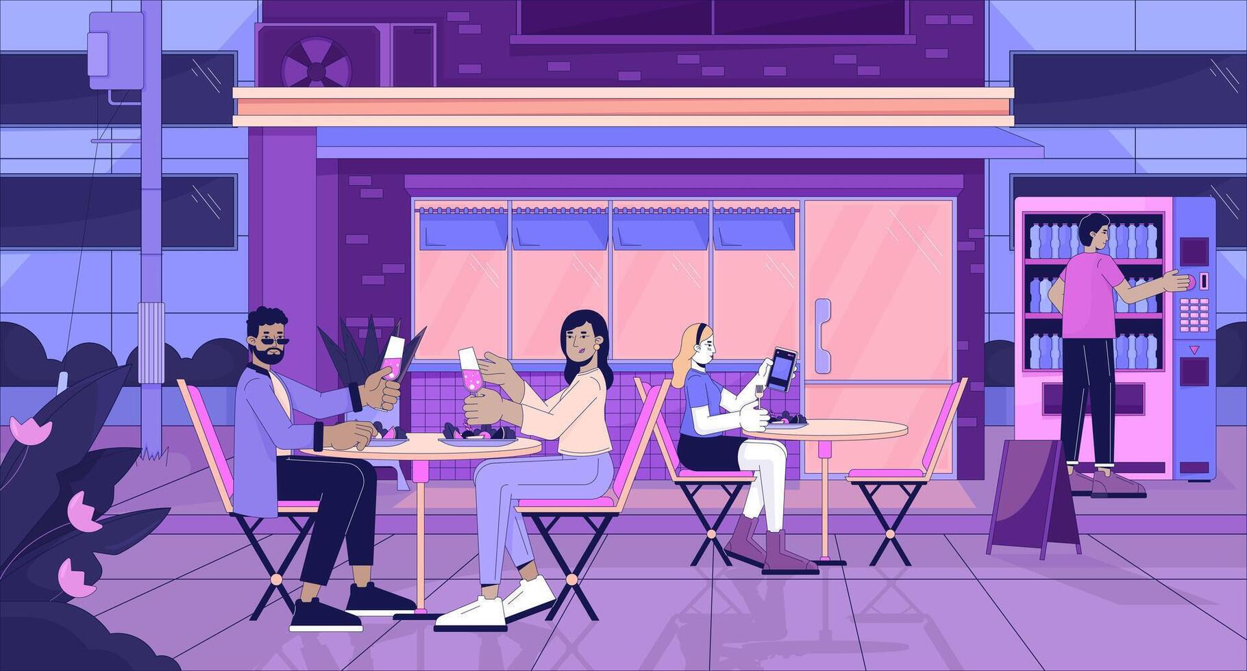 Sidewalk restaurant at evening line cartoon flat illustration. Dining couple, alone girl dinner 2D lineart cityscape background. Downtown cafe. Feel nostalgic. Lo fi vibes scene vector color image