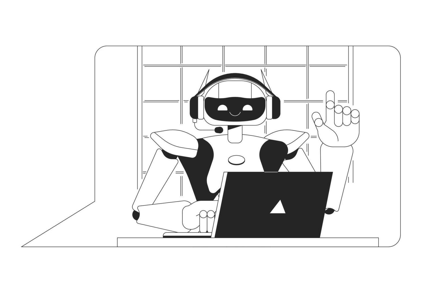 Chat bot at laptop black and white 2D line cartoon character. Robot consulting customers isolated line vector personage white background. Artificial intelligence monochromatic flat spot illustration