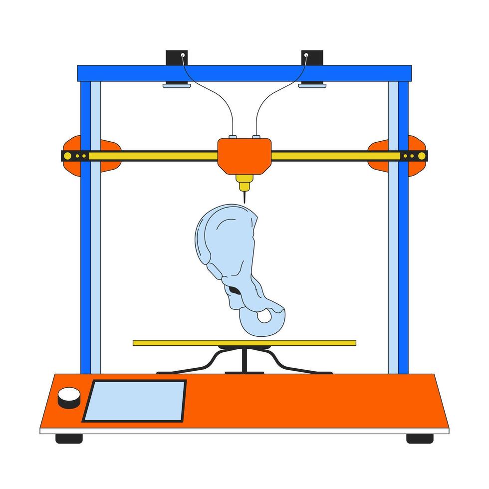 Pelvic girdle on 3d printer 2D linear cartoon object. Additive manufacturing pelvis bones isolated line vector element white background. Technology three-dimensional print color flat spot illustration