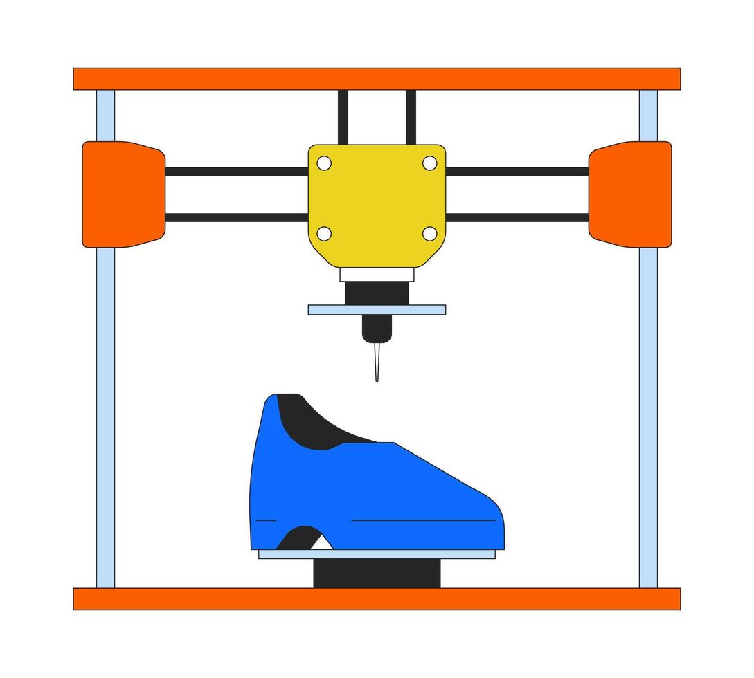 Footwear shoes on 3d printer 2D linear cartoon object. Additive manufacturing device isolated line vector element white background. Technology three-dimensional printing color flat spot illustration