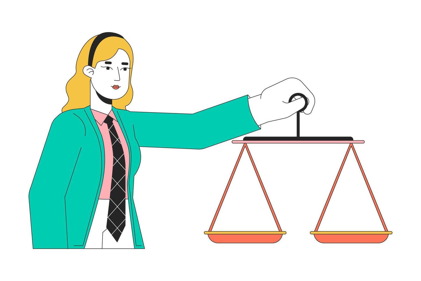 Judge business woman holding balance scales 2D linear cartoon character. Blonde caucasian young female isolated line vector person white background. Trial verdict color flat spot illustration