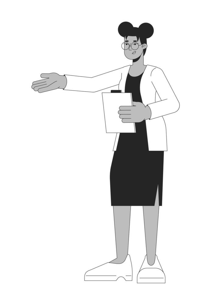 afroamericano mujer oficina trabajador negro y blanco 2d línea dibujos animados personaje. hembra empleado señalando aislado vector contorno persona. profesor mano extendido monocromo plano Mancha ilustración