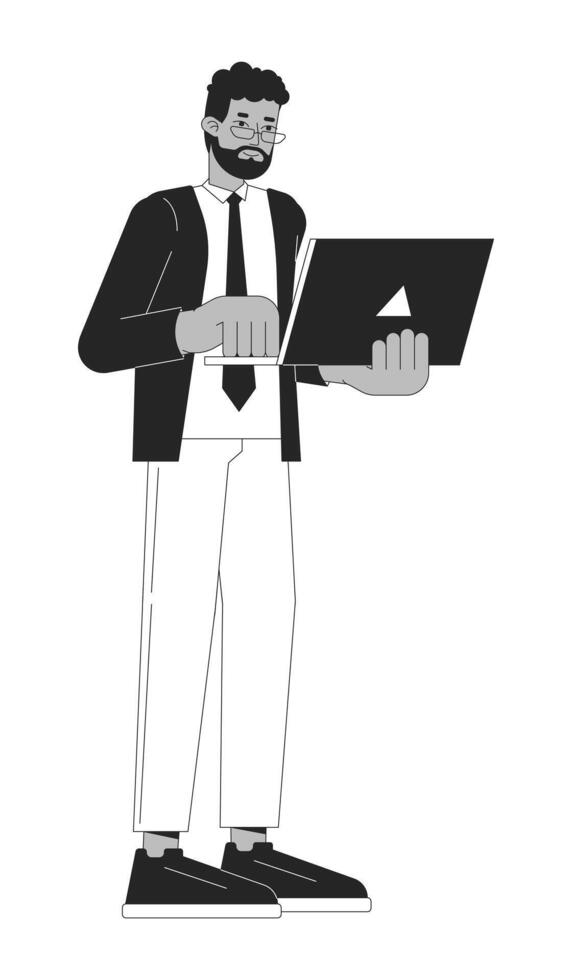 Black adult male office worker holding laptop black and white 2D line cartoon character. African american man employee isolated vector outline person. Startuper monochromatic flat spot illustration